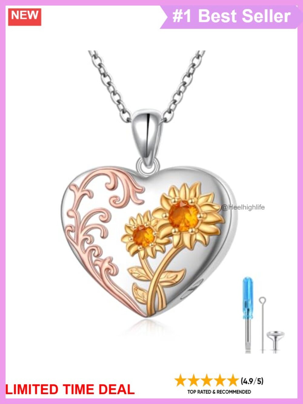 925 Sterling Silver Urn Necklace Sunflower Heart Pendant for Ashes